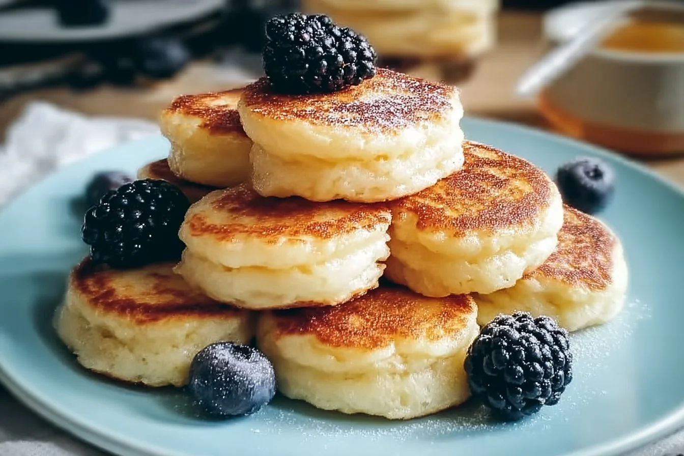 Fluffy scrambled pancake bites served on a plate with fresh fruits and syrup.