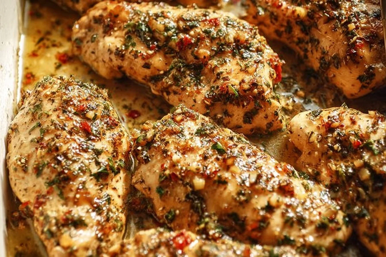 Plate of Garlic Chicken Parmesan with herbs and melted cheese