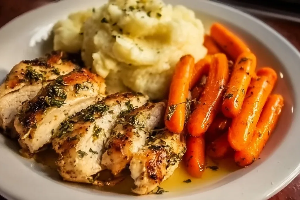 Garlic Herb Chicken with creamy mashed potatoes and glazed carrots on a plate.
