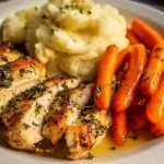 Garlic Herb Chicken with creamy mashed potatoes and glazed carrots on a plate.