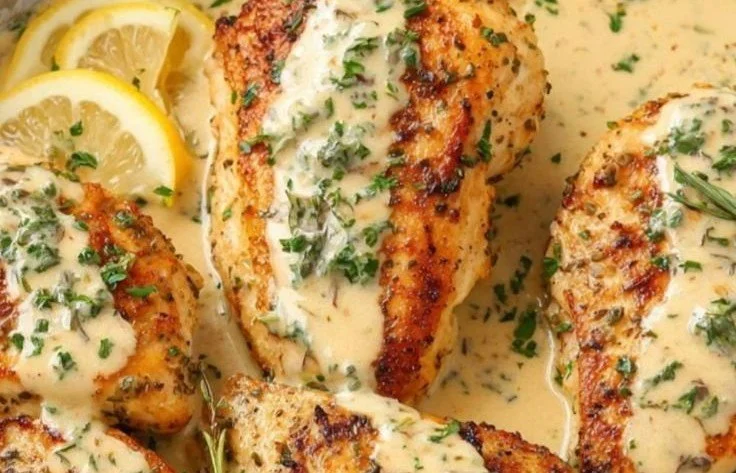 Juicy Garlic Parmesan Chicken Breasts garnished with herbs on a plate