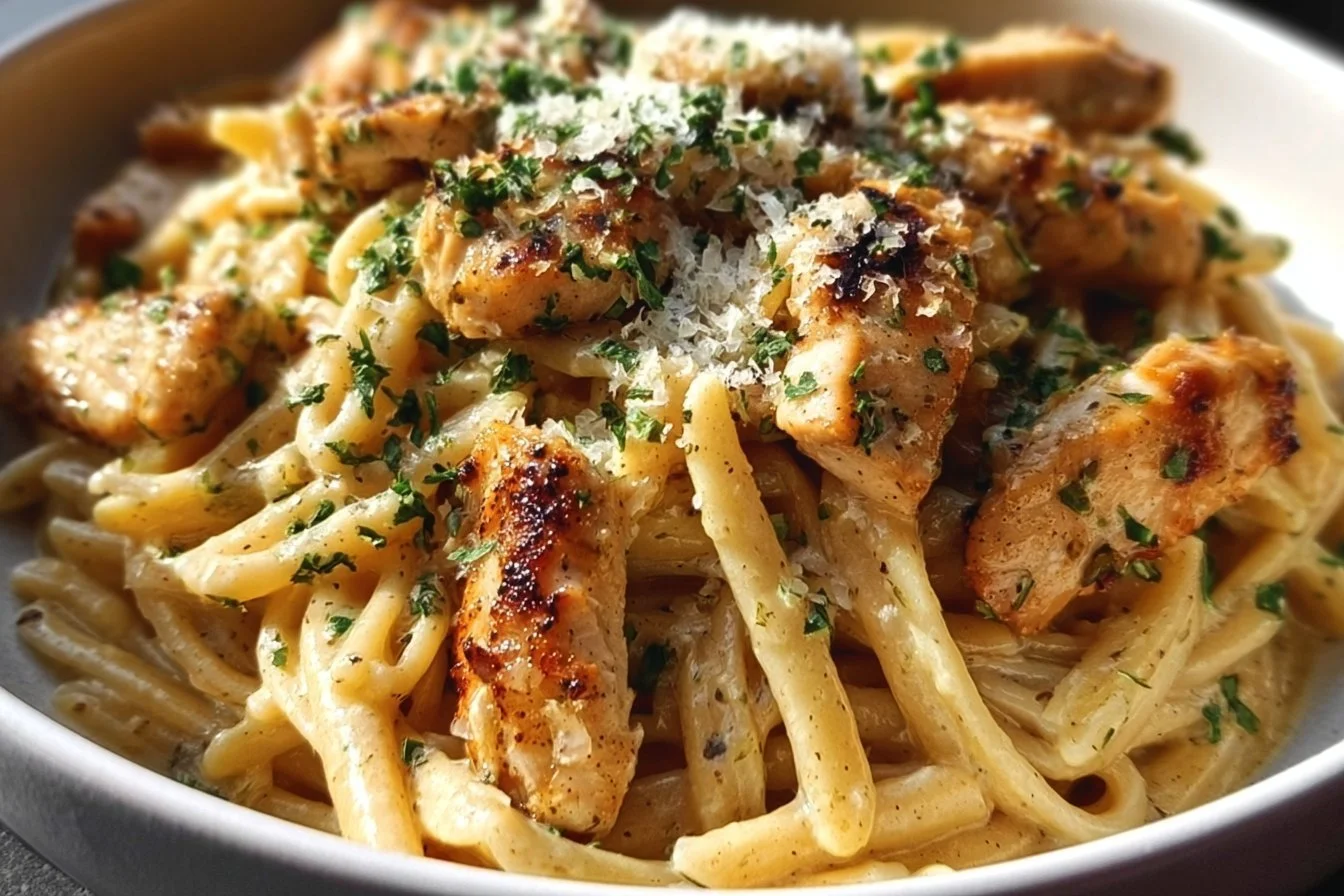 Delicious plate of Garlic Parmesan Chicken Pasta with herbs and cheese