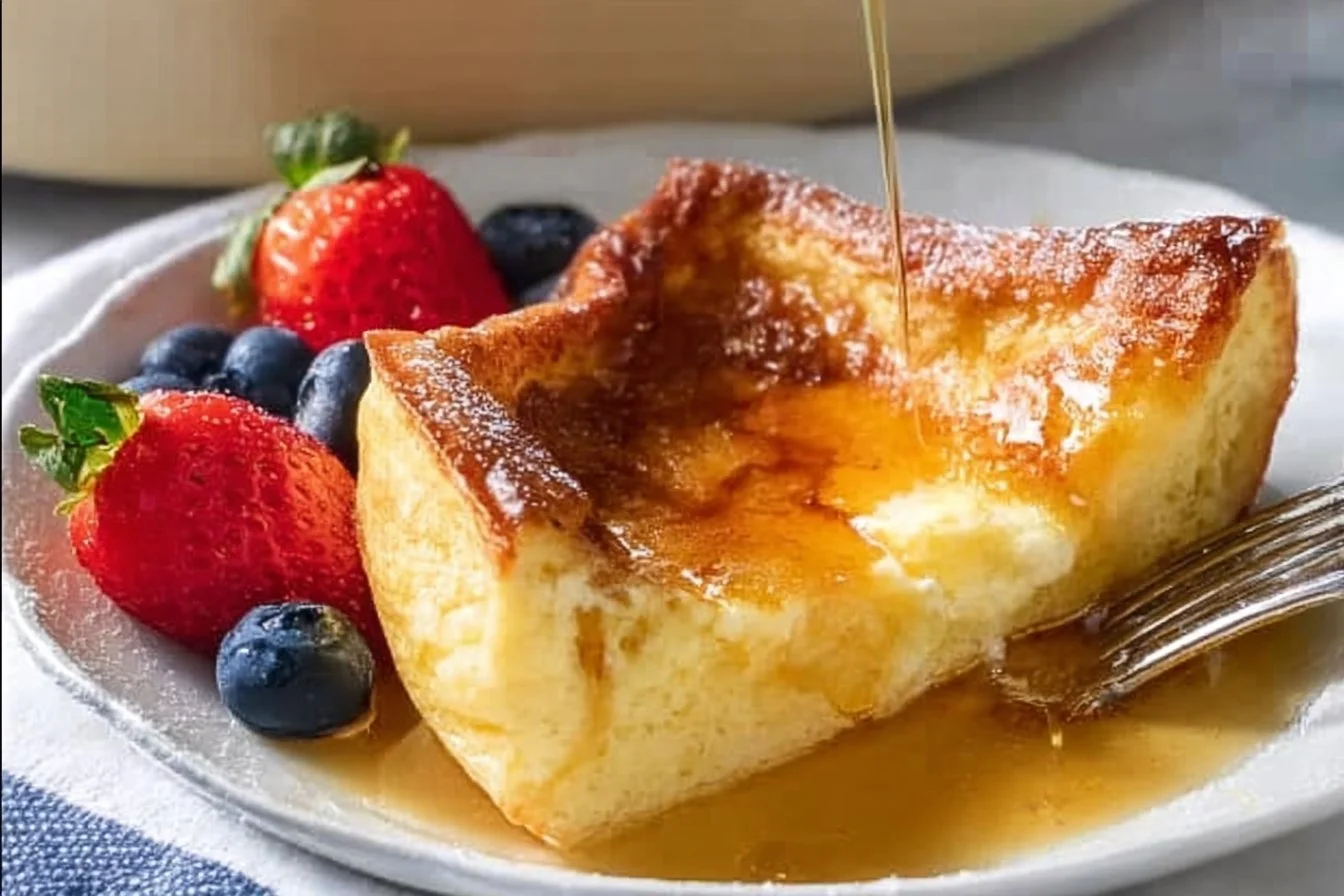 Delicious German Pancakes served with powdered sugar and fresh fruit