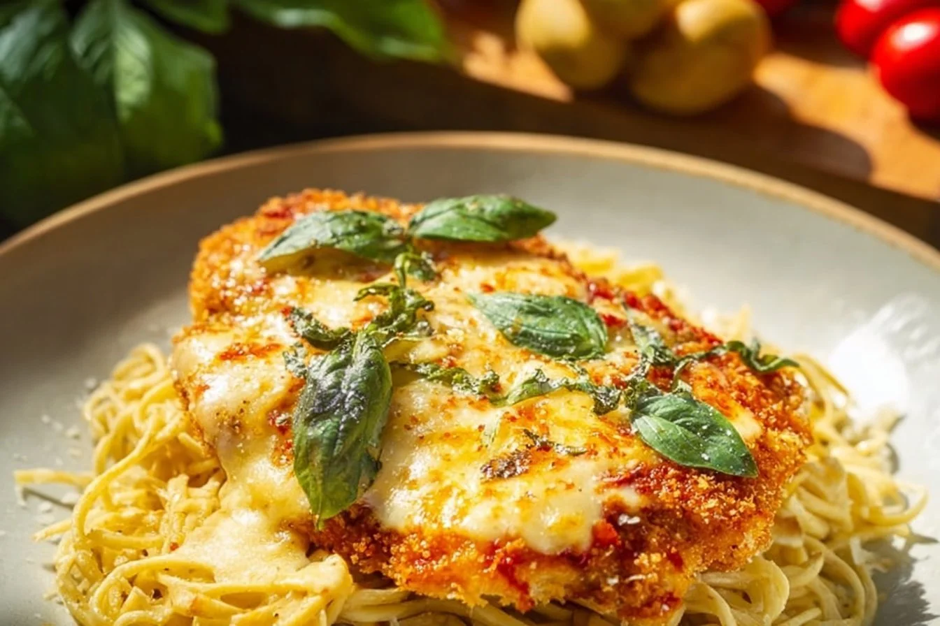 Delicious gluten-free chicken parmesan topped with cheese and herbs