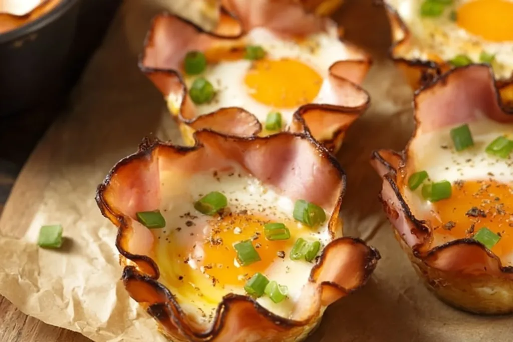 Delicious ham and cheese egg cups served on a plate.