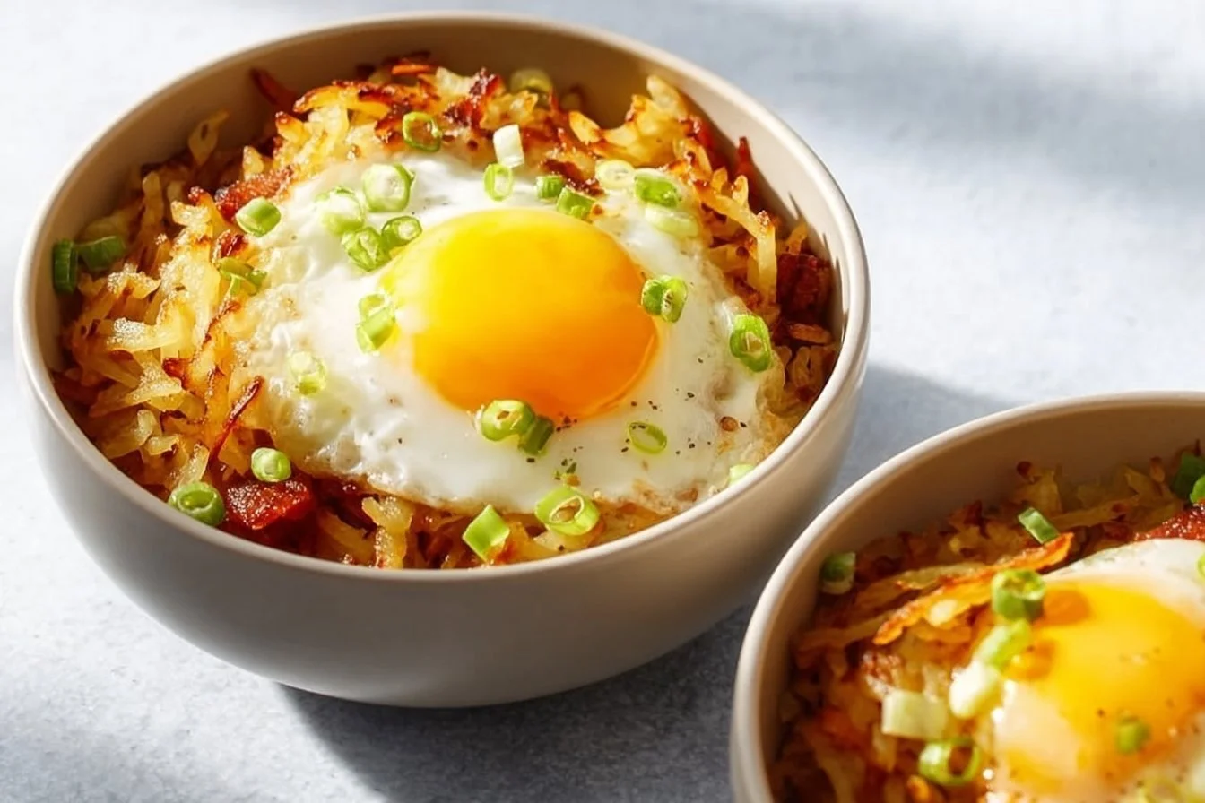 Delicious Hash Brown Breakfast Bowl topped with eggs and fresh vegetables