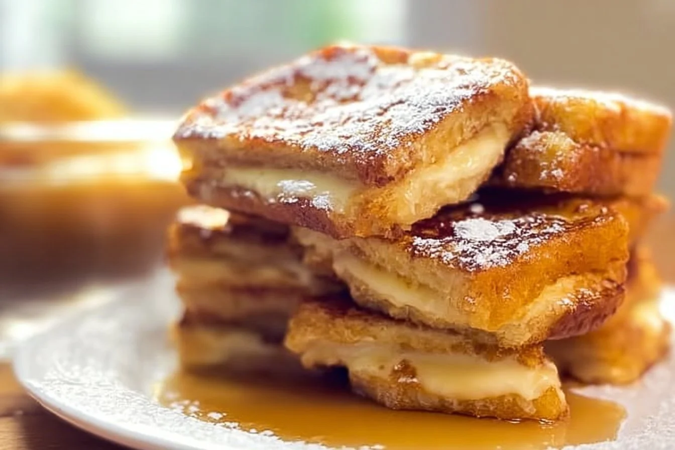 Hawaiian Roll French Toast Casserole ready to serve with syrup and fruit