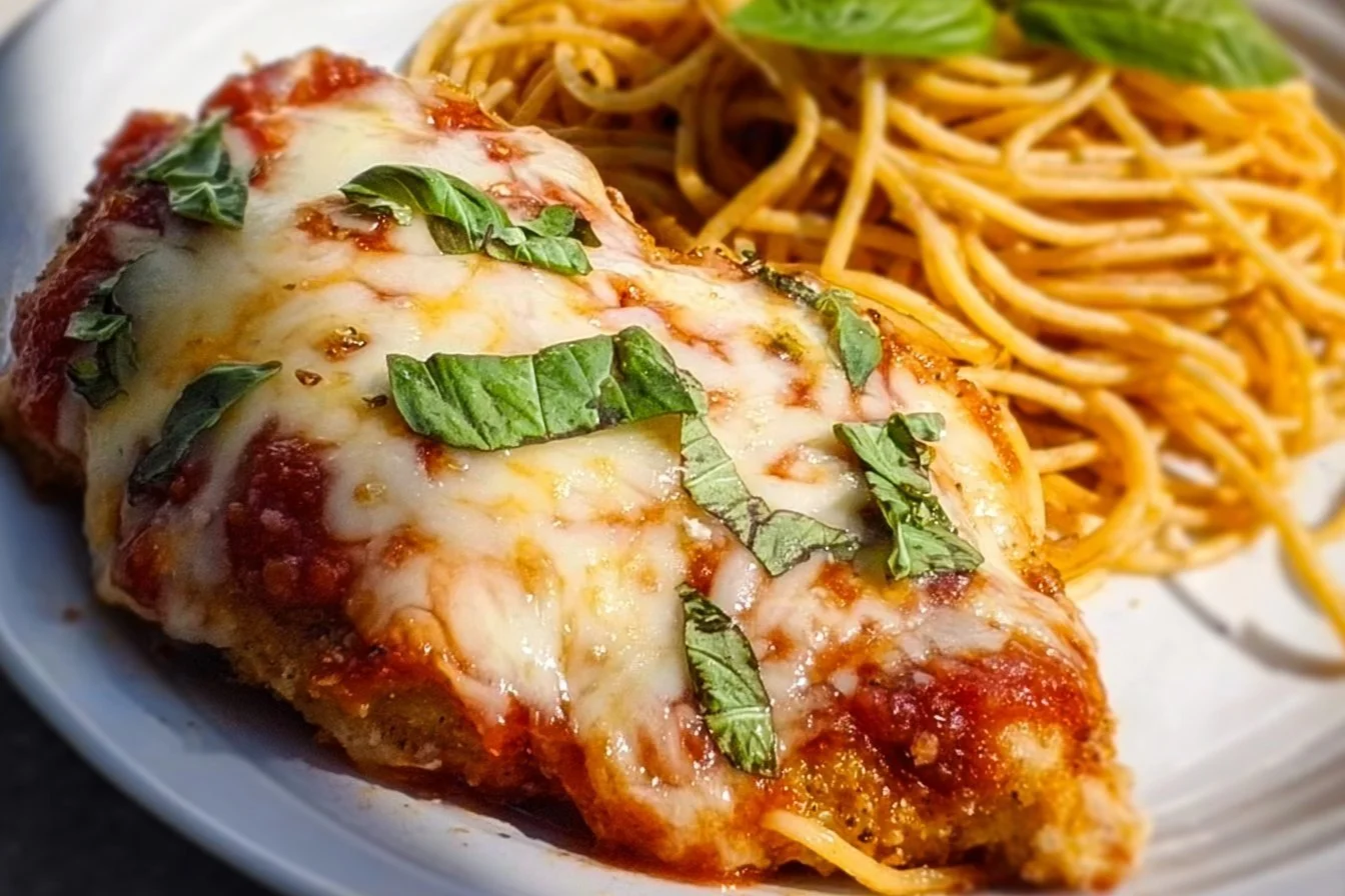 Healthy Baked Chicken Parmesan baked chicken parmesan Healthy Baked Chicken Parmesan on a plate with fresh basil and marinara sauce