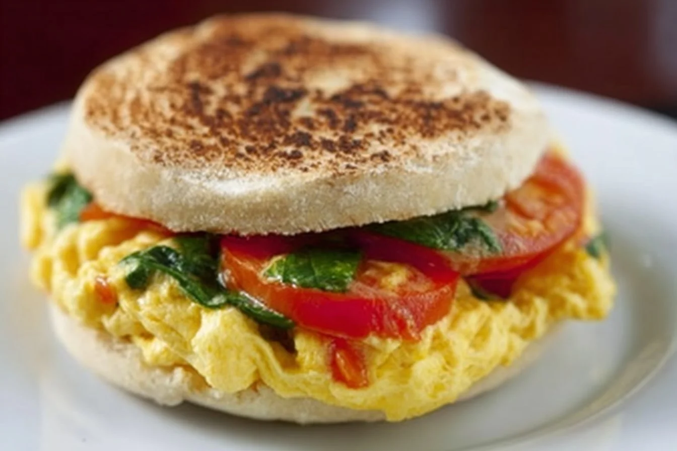 Healthy breakfast sandwich with eggs, spinach, and whole grain bread