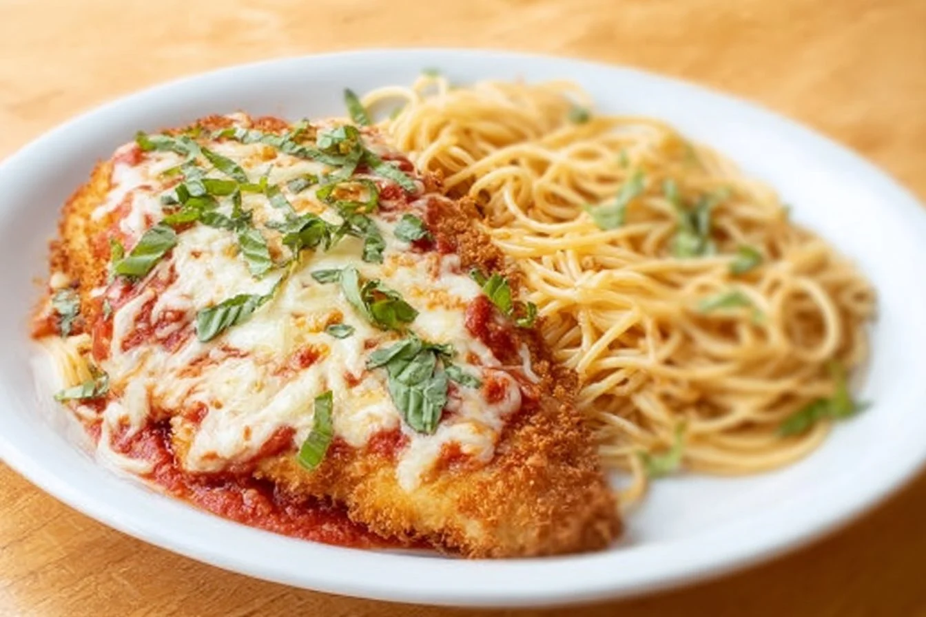 Delicious healthy Chicken Parmesan served with fresh herbs and salad