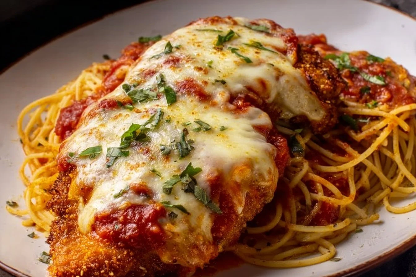 Healthy Chicken Parmesan with fresh ingredients and herbs on a plate