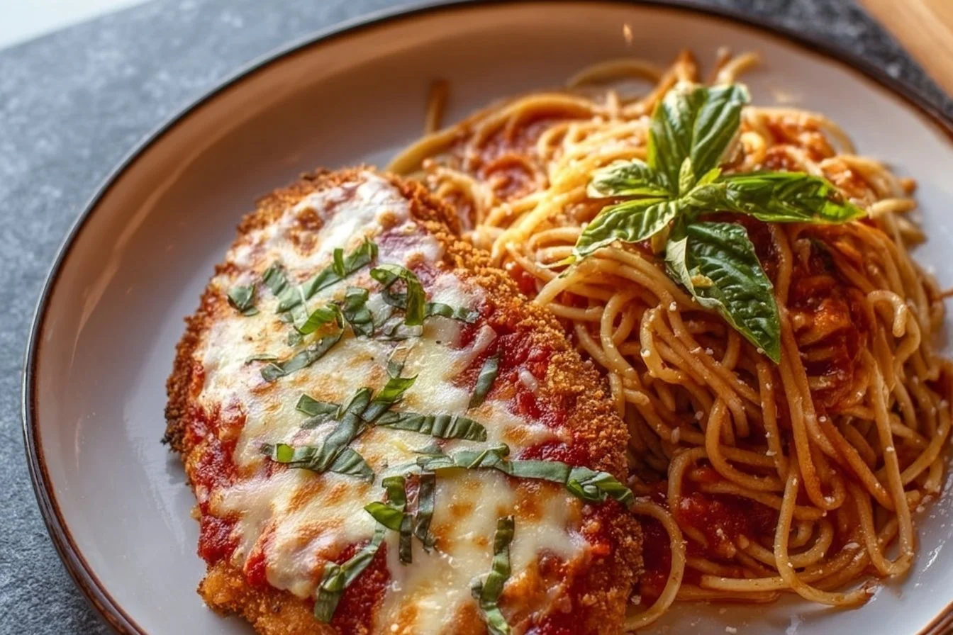 Healthy chicken parmesan dish with vibrant toppings ready to serve