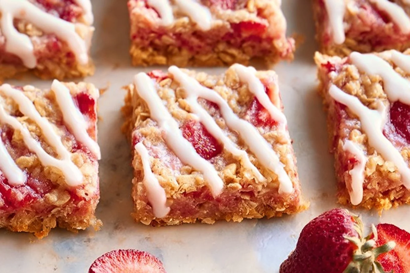 Healthy strawberry oatmeal breakfast bars baked with fresh strawberries and oats