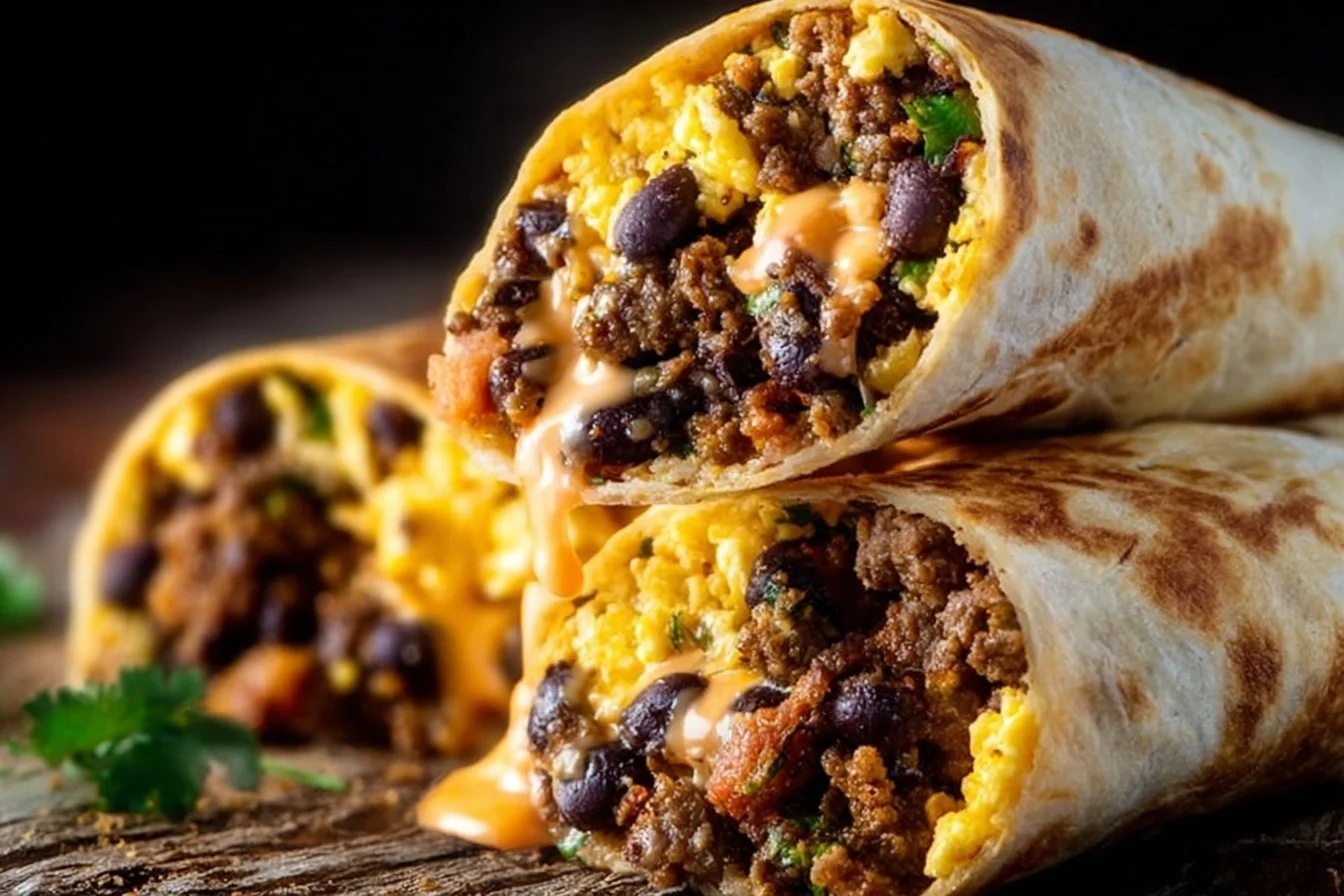 High protein breakfast burrito filled with eggs, beans, and vegetables