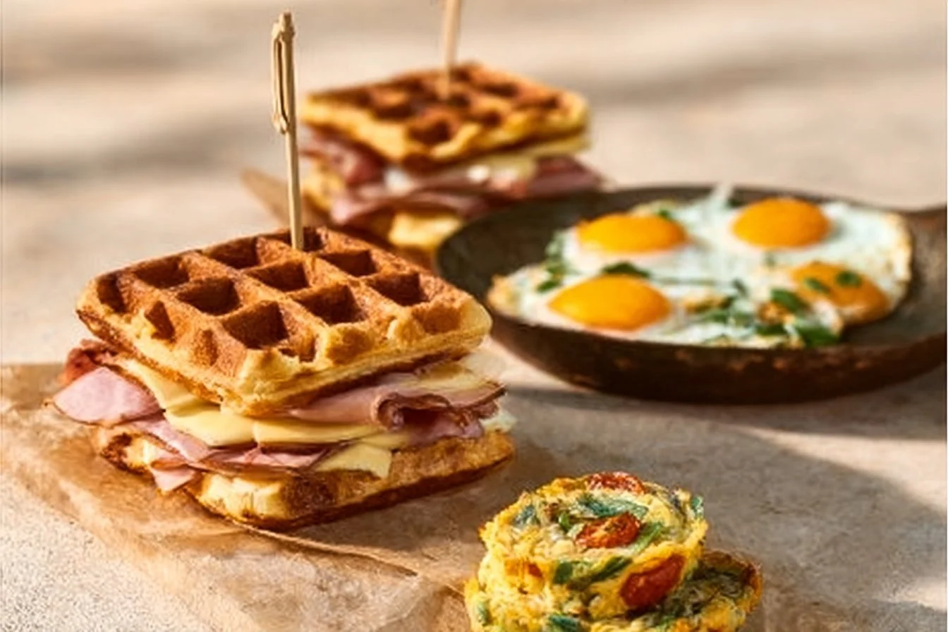 Various high-protein breakfast dishes featuring eggs and other ingredients.