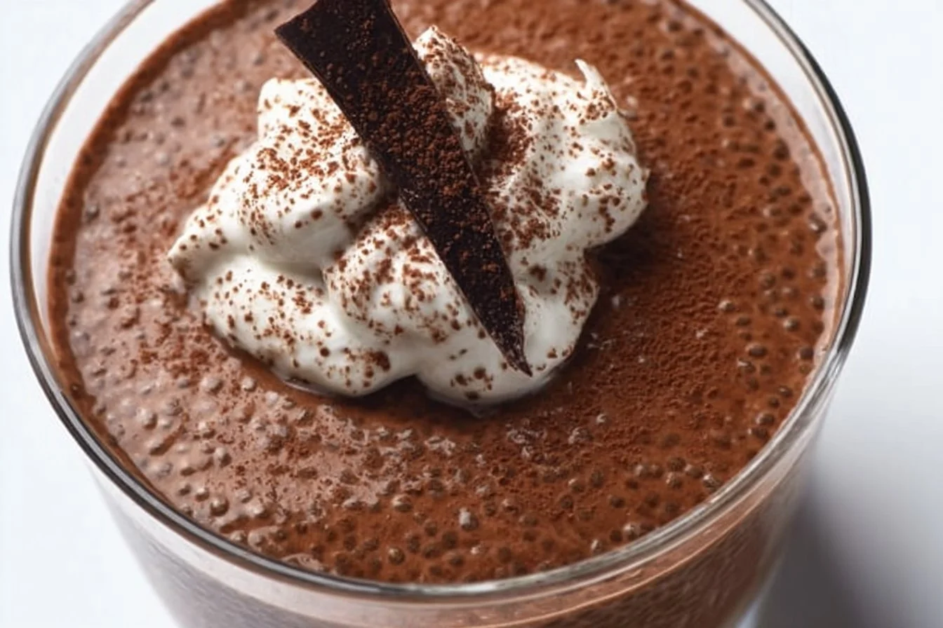 High protein chocolate chia seed pudding in a glass bowl with chia seeds on top