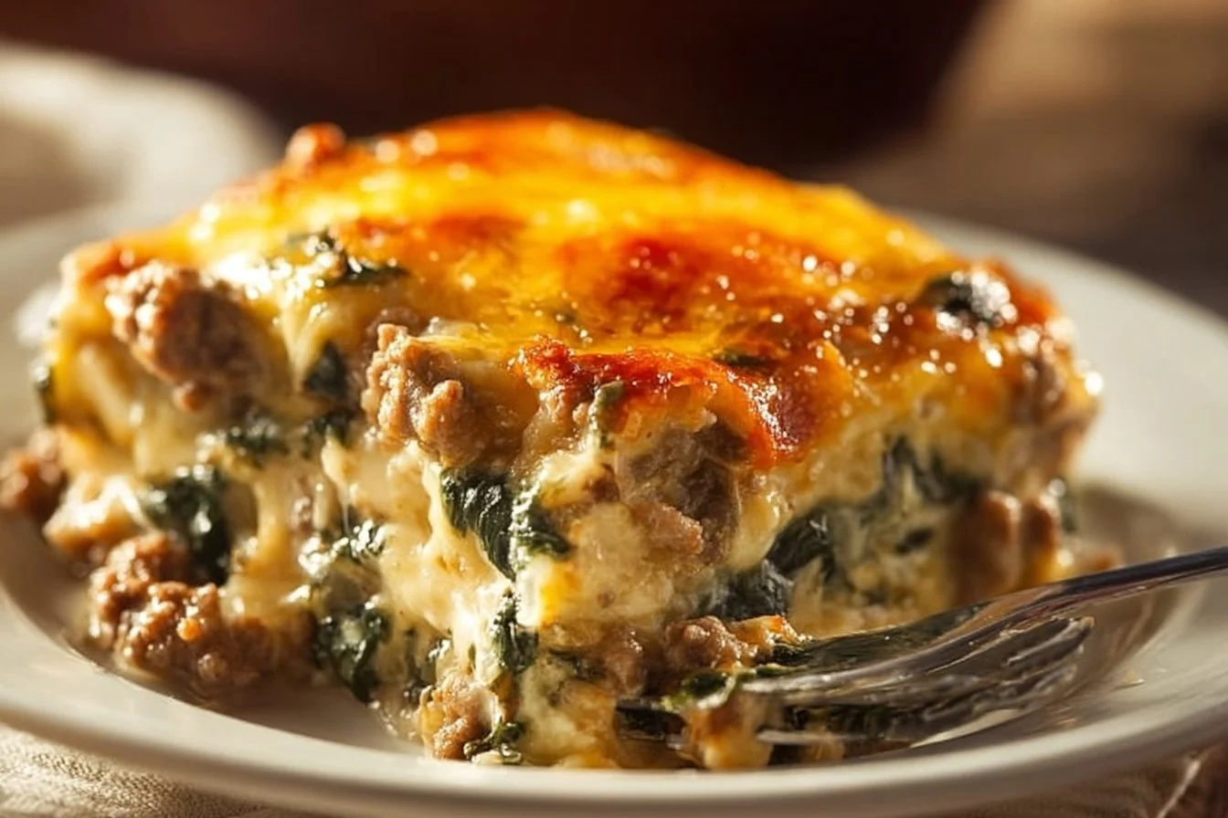 High protein ground turkey casserole prepared in a baking dish