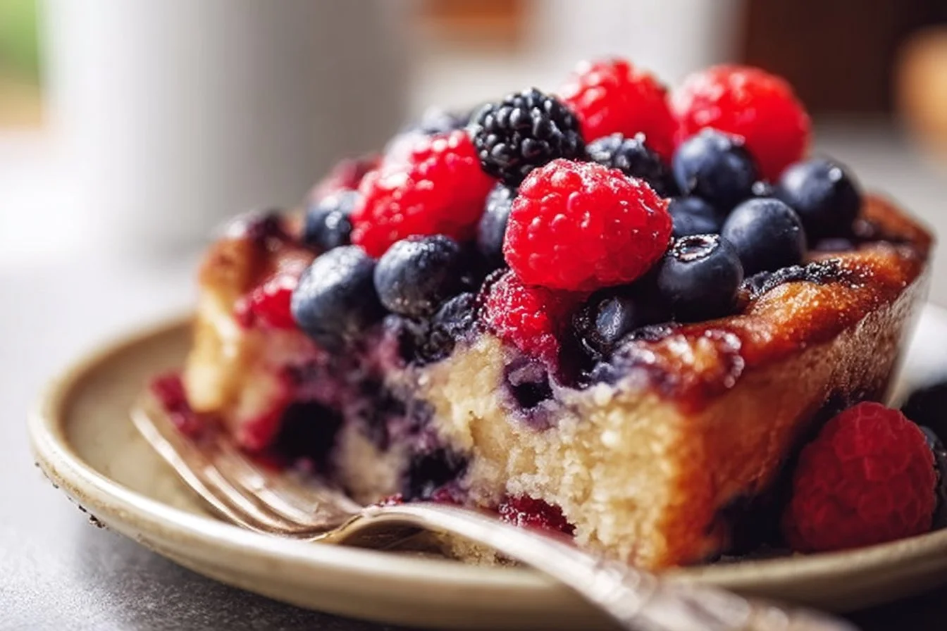 High protein triple berry bake with strawberries, blueberries, and raspberries