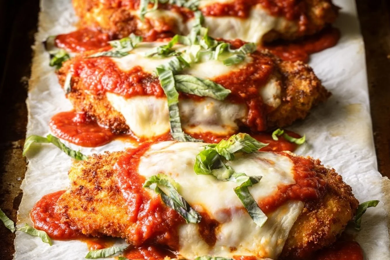 Homemade Chicken Parmesan with crispy chicken, marinara sauce, and melted cheese