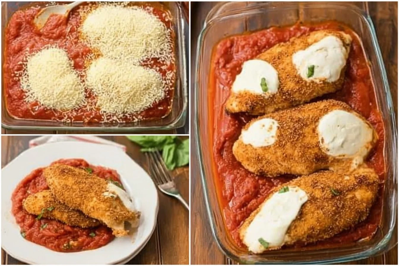 Delicious homemade Chicken Parmesan served with marinara sauce and pasta