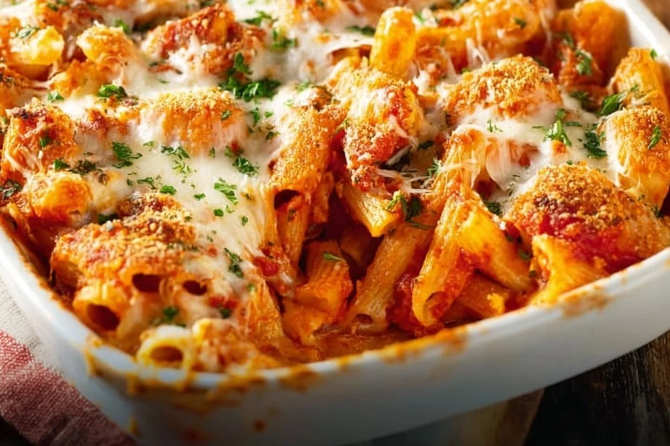 Delicious homemade chicken parmesan casserole topped with melted cheese and breadcrumbs.