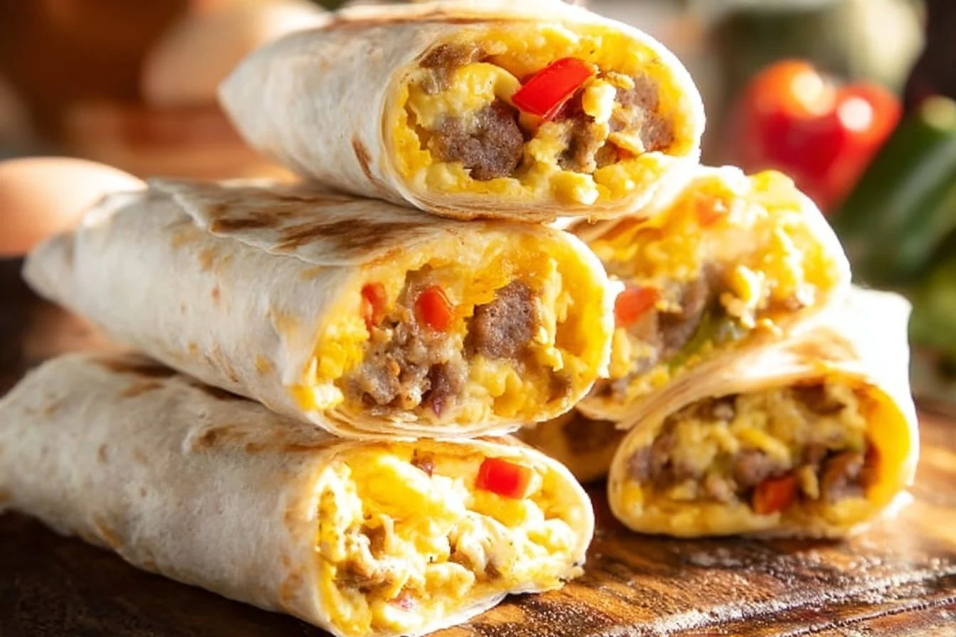 Homemade freezable breakfast burritos ready for a quick meal prep solution