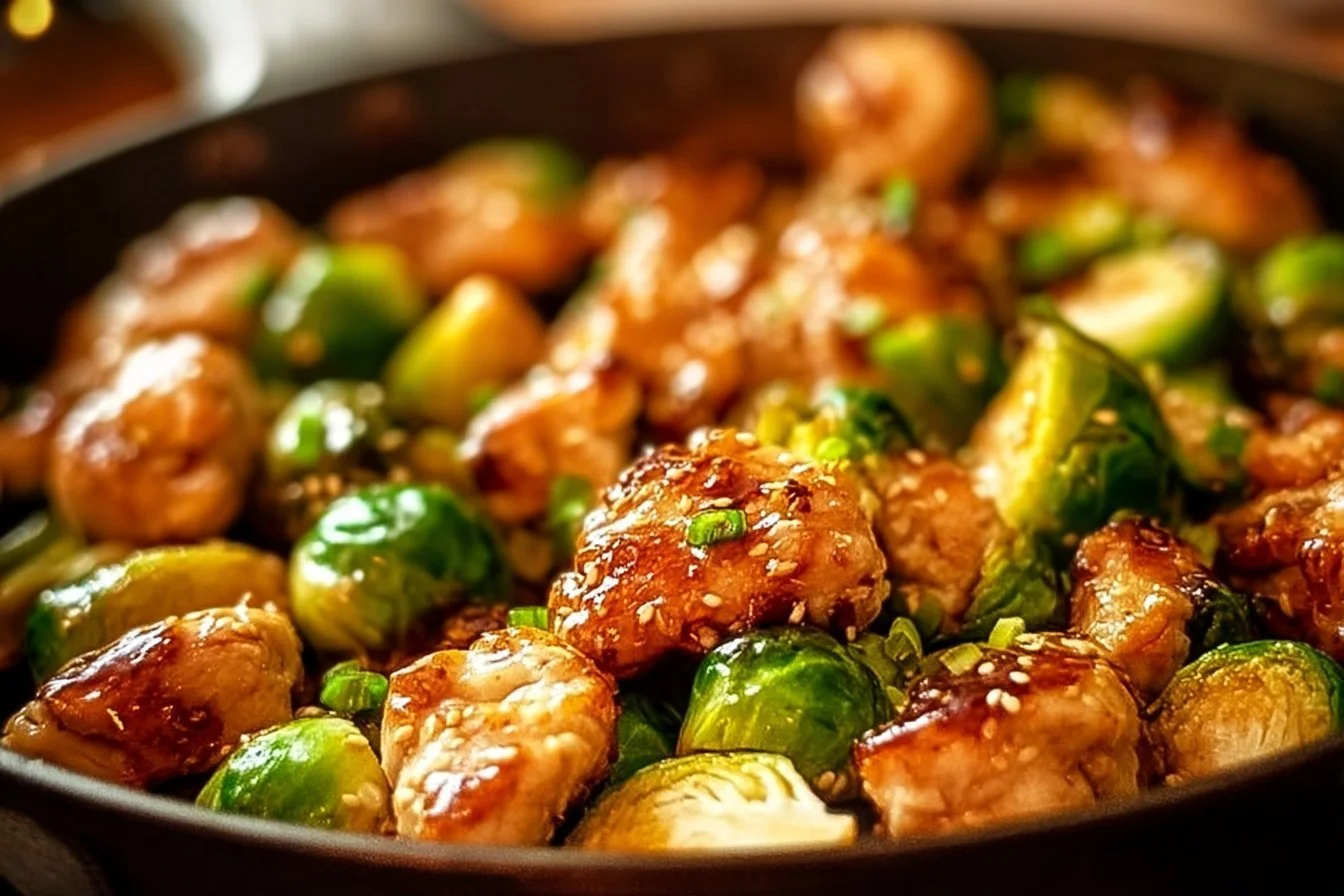 Honey-Garlic Chicken & Brussels Sprouts Skillet Honey-Garlic Chicken Honey-Garlic Chicken and Brussels Sprouts Skillet served in a pan