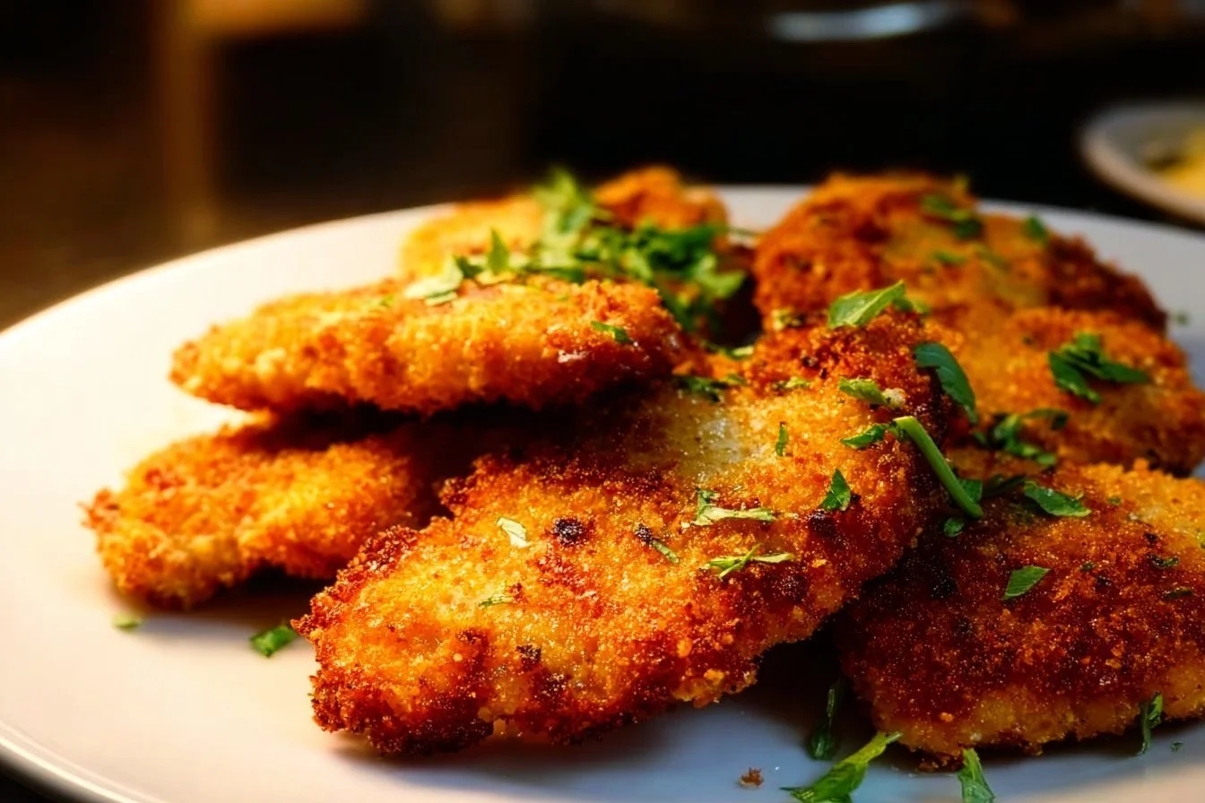 Crispy Air Fryer Parmesan Crusted Chicken served on a plate with herbs.
