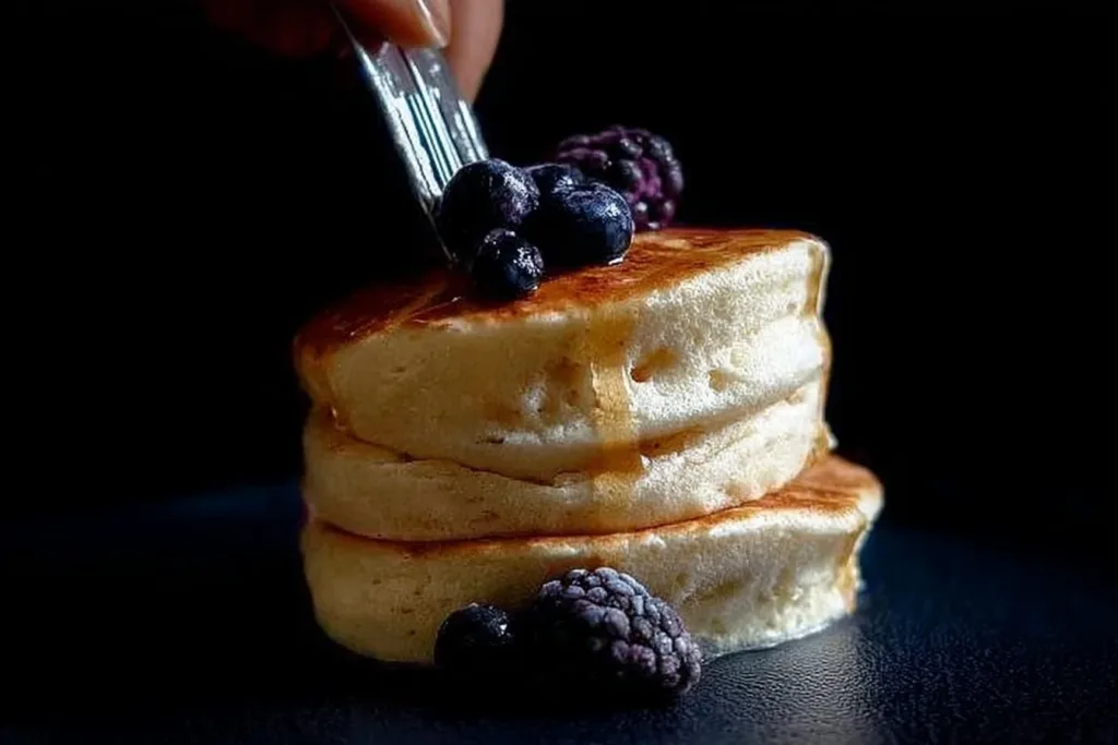 Fluffy Japanese souffle pancakes stacked with syrup and berries