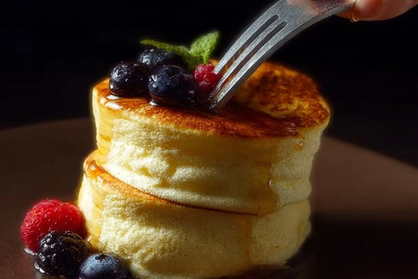 Japanese Souffle Pancakes souffle pancakes Fluffy Japanese souffle pancakes stacked with syrup and berries