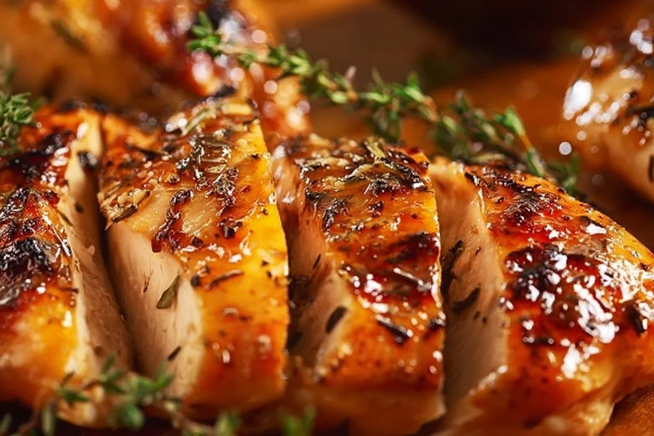 Juicy baked chicken breast served with herbs and spices.