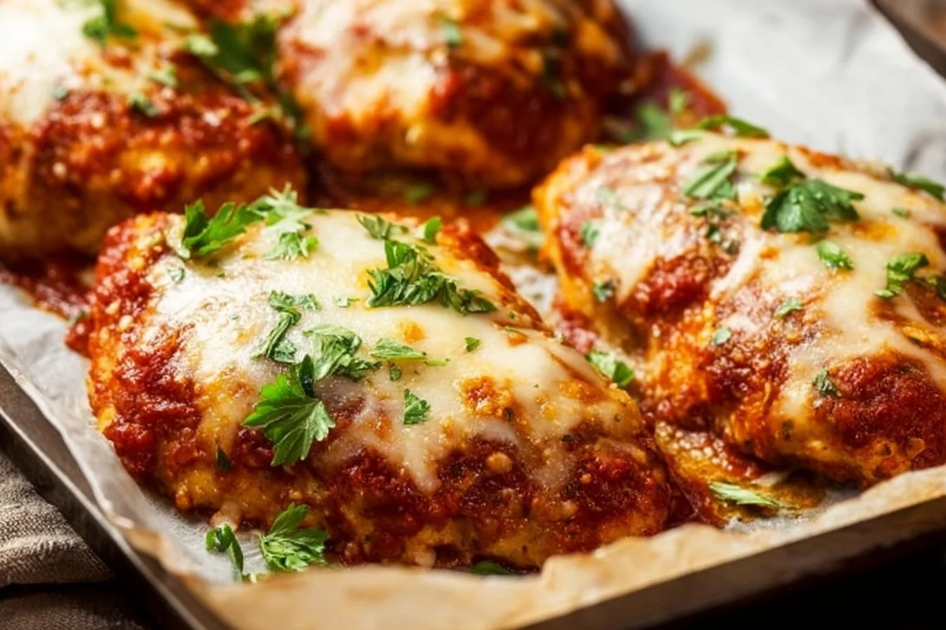 Keto Chicken Parmesan dish served with fresh herbs and cheese