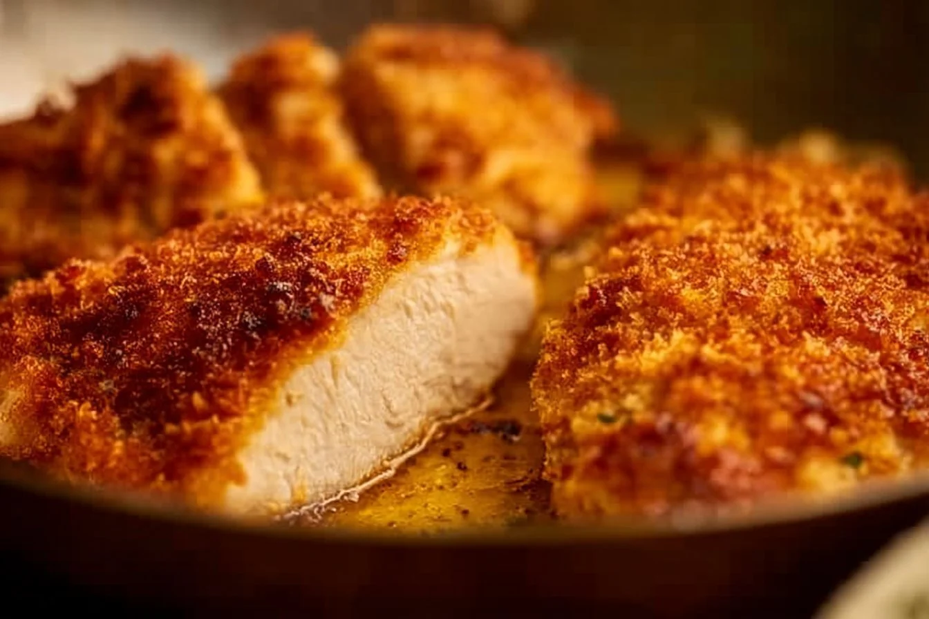 Kid-friendly parmesan crusted chicken served with a side of vegetables