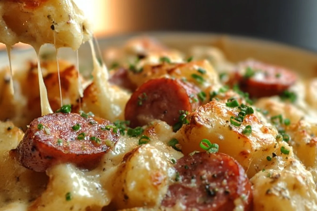 Kielbasa sausage cheesy potato casserole in a baking dish, ready to serve.
