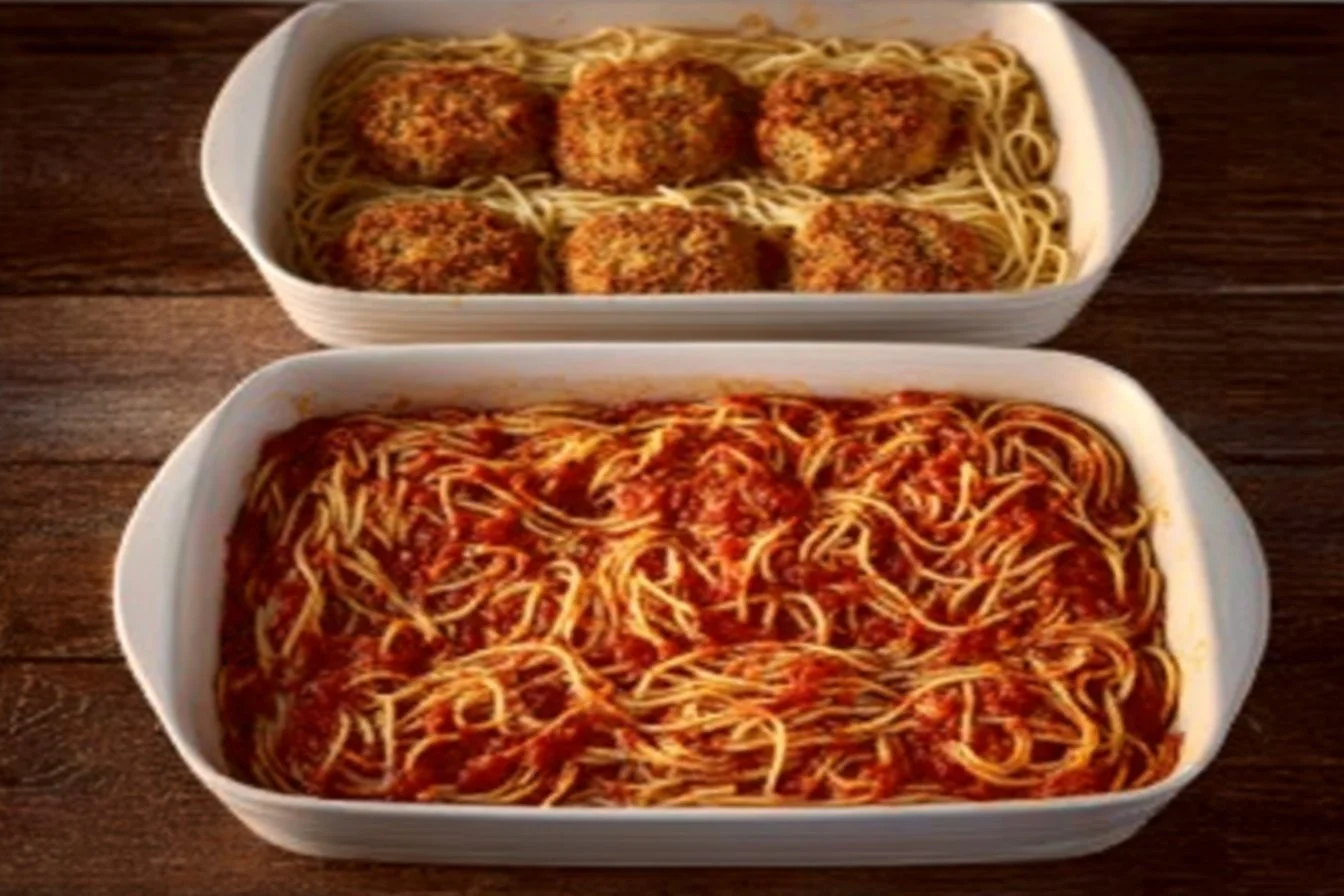 Lazy Chicken Parmesan Baked Spaghetti dish garnished with fresh basil