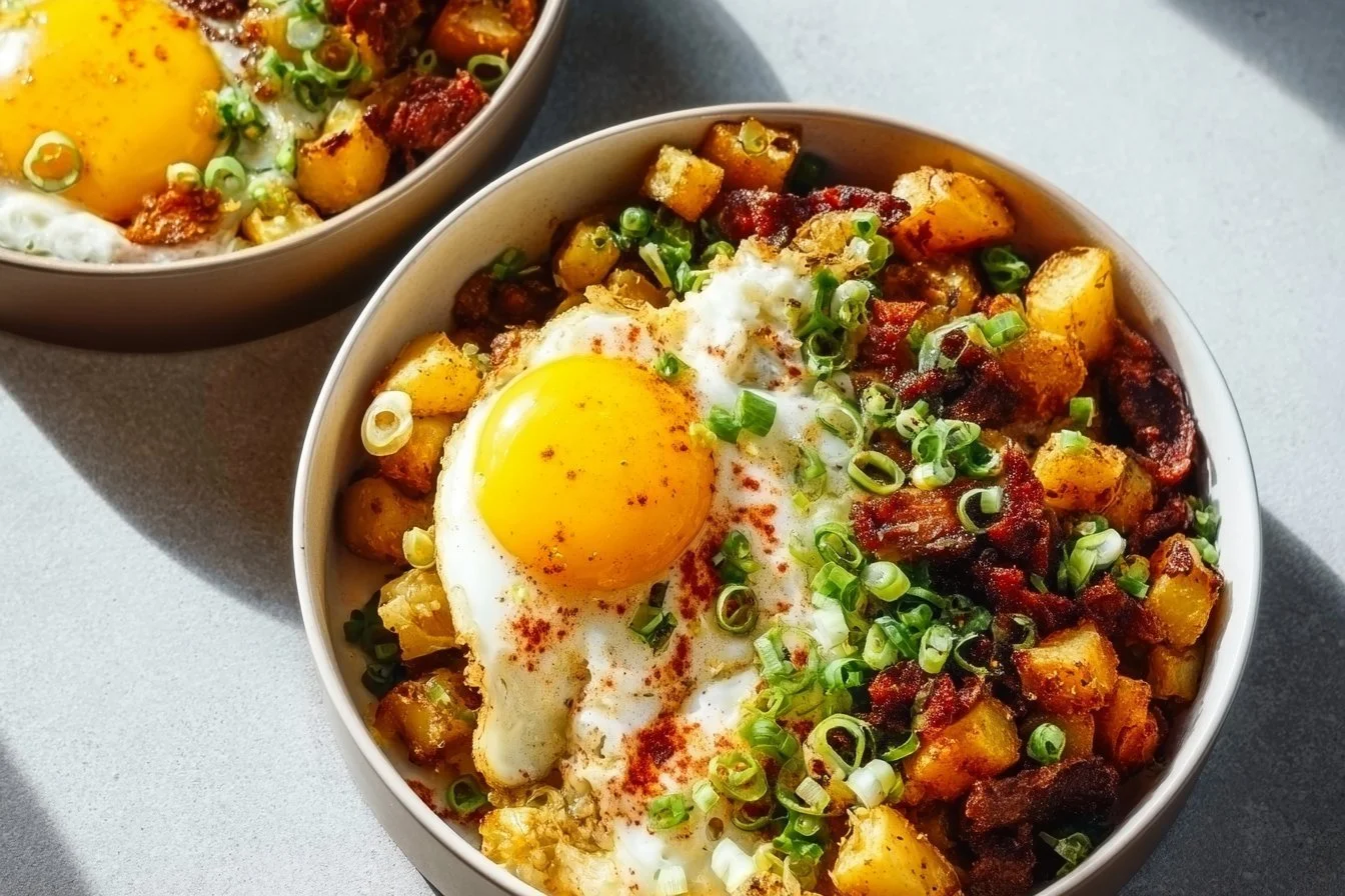 Delicious loaded breakfast bowl with eggs, vegetables, and toppings