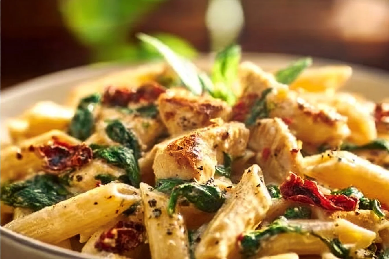 Plate of Marry Me Chicken garnished with herbs and served with pasta