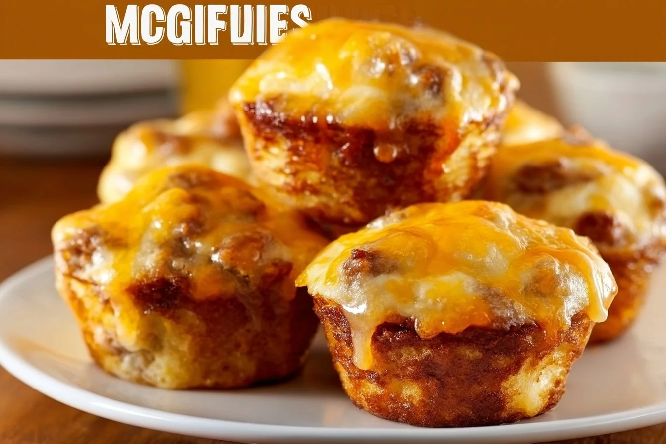 A plate of McGriddle Muffins topped with syrup and bacon