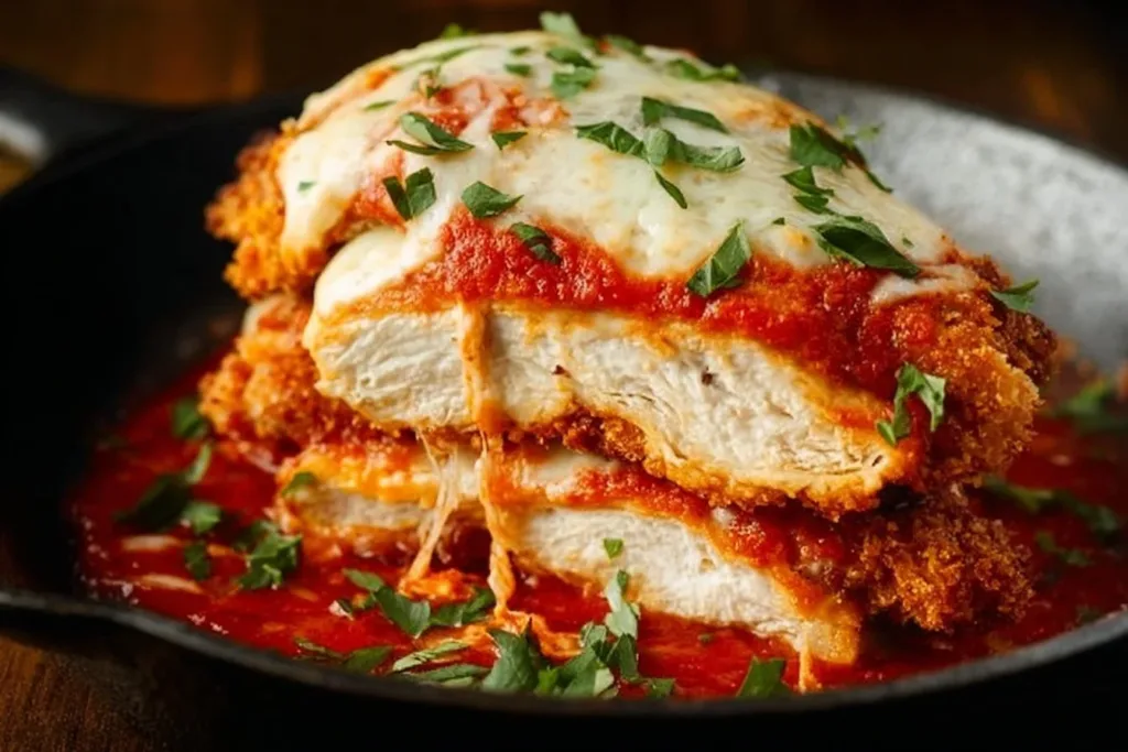 Delicious melt-in-your-mouth Chicken Parmesan on a plate with marinara sauce