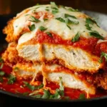 Delicious melt-in-your-mouth Chicken Parmesan on a plate with marinara sauce