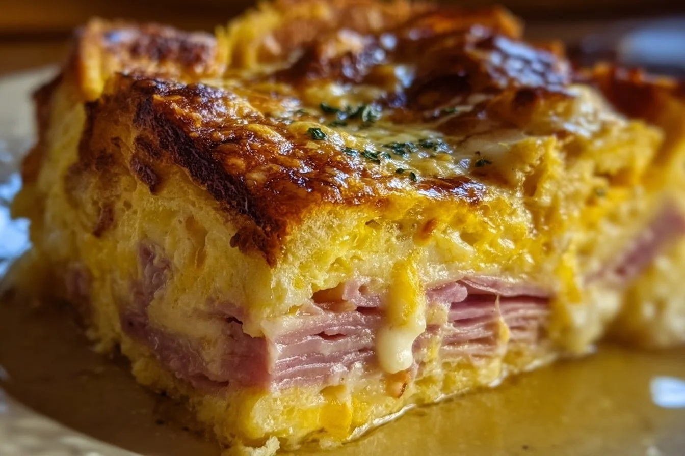 Delicious Monte Cristo breakfast casserole with ham and cheese baked to perfection