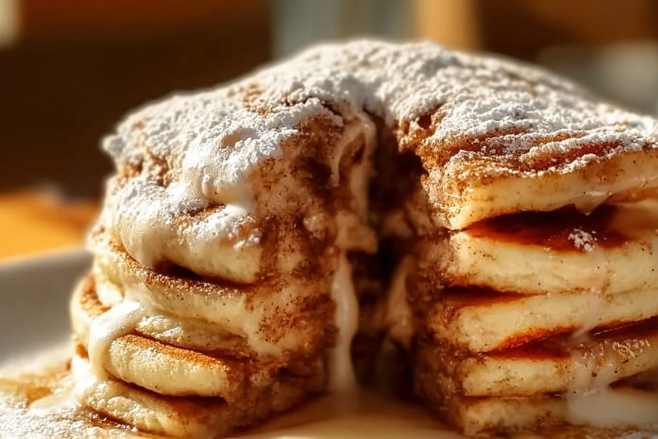 Delicious Nancy's cinnamon roll pancakes served with icing and syrup.