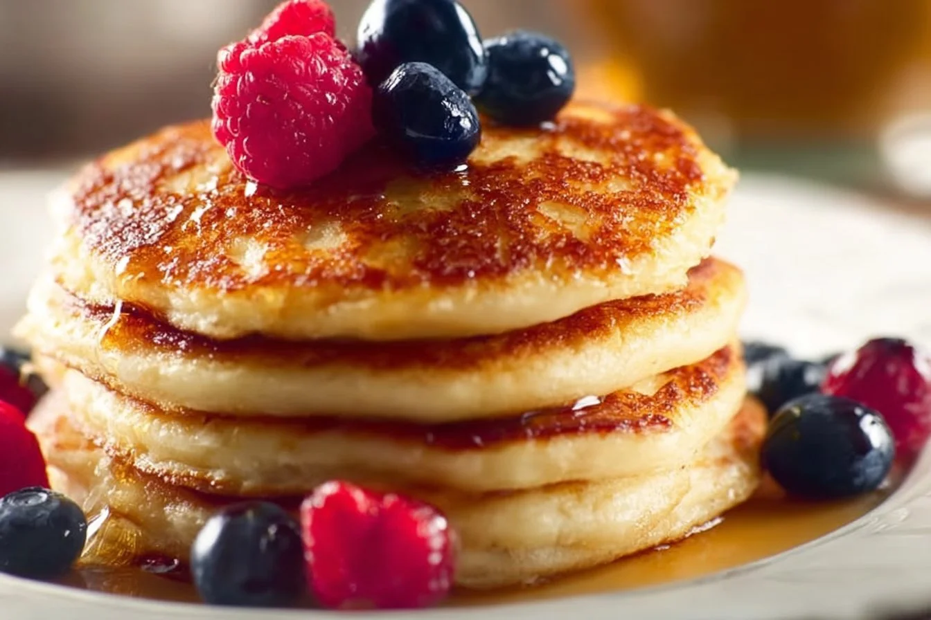 Old-Fashioned Pancakes pancakes Stack of fluffy old-fashioned pancakes topped with syrup and berries
