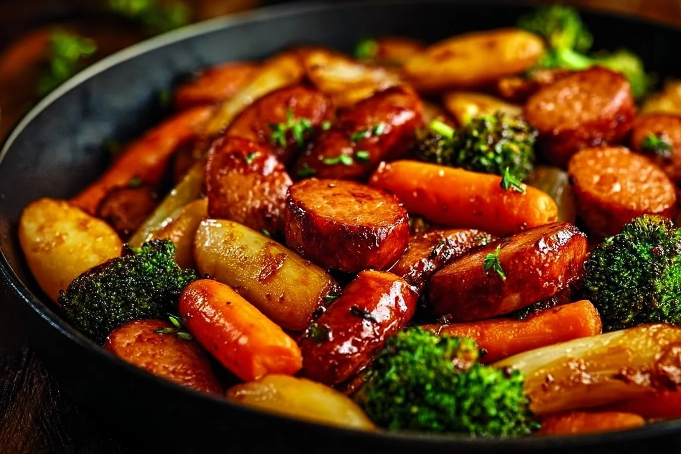 One-Pan Honey Garlic Kielbasa with colorful veggies in a skillet