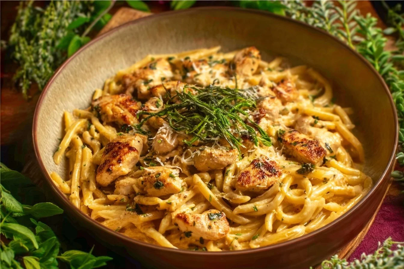 One pot creamy parmesan chicken pasta with chicken, pasta, and parmesan cheese.