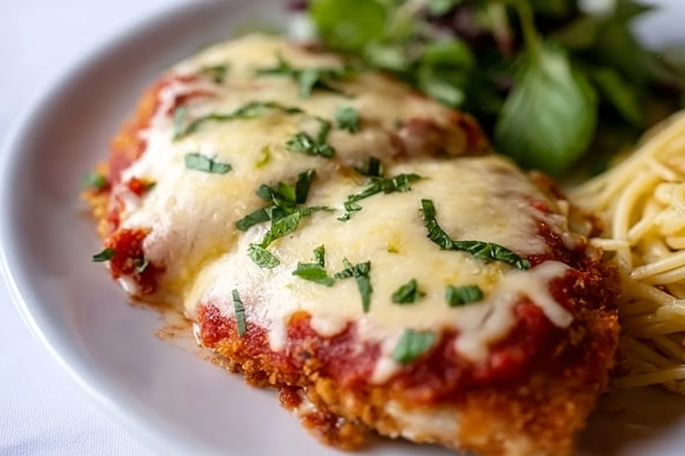 Oven-baked chicken parmesan topped with cheese and marinara sauce