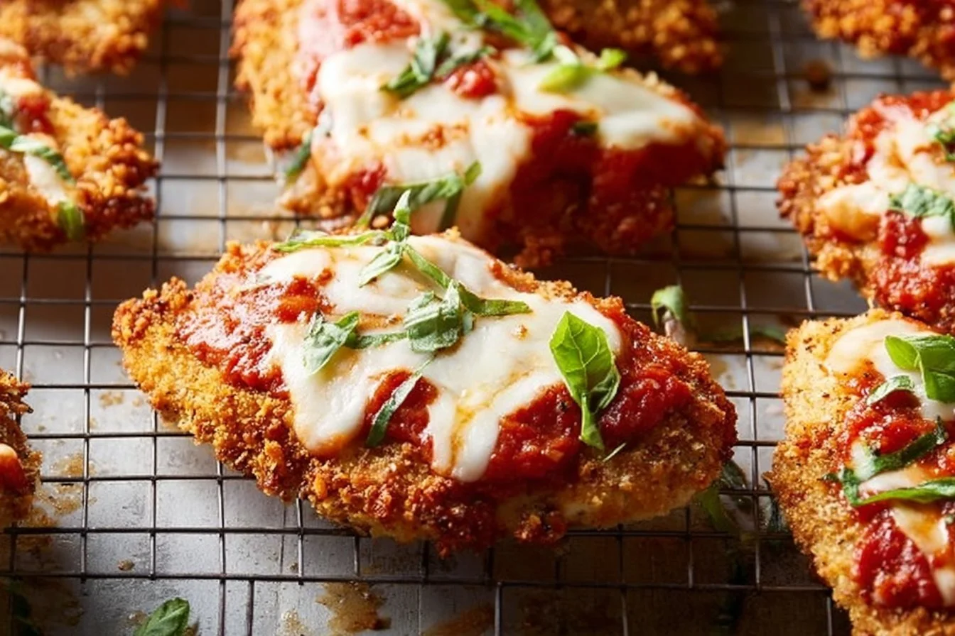 Oven-Baked Chicken Parmesan chicken parmesan Oven-baked chicken parmesan with melted cheese and marinara sauce on a plate