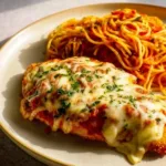 Oven baked chicken parmesan served with pasta and marinara sauce