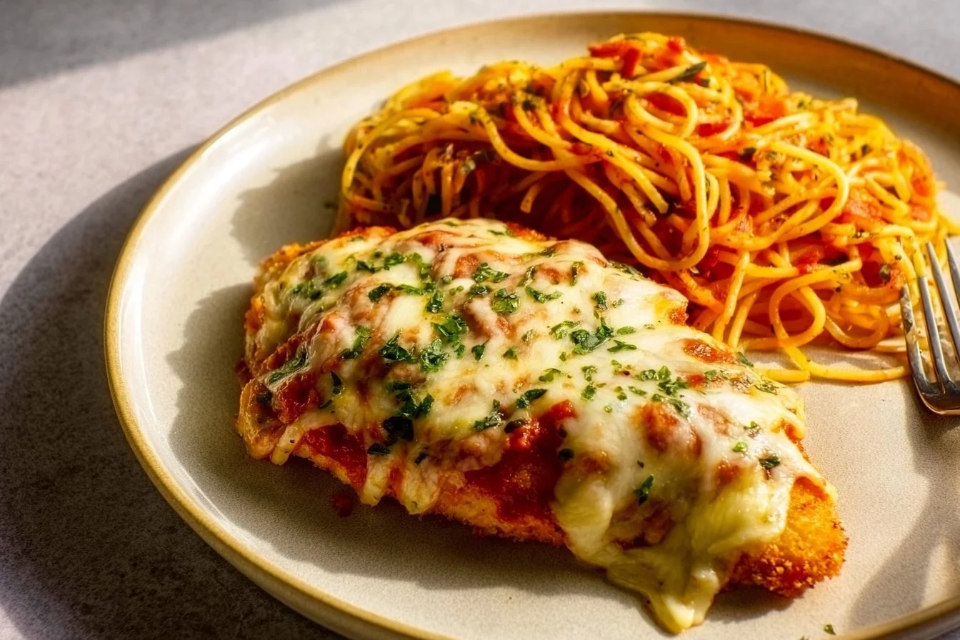 Oven baked chicken parmesan served with pasta and marinara sauce