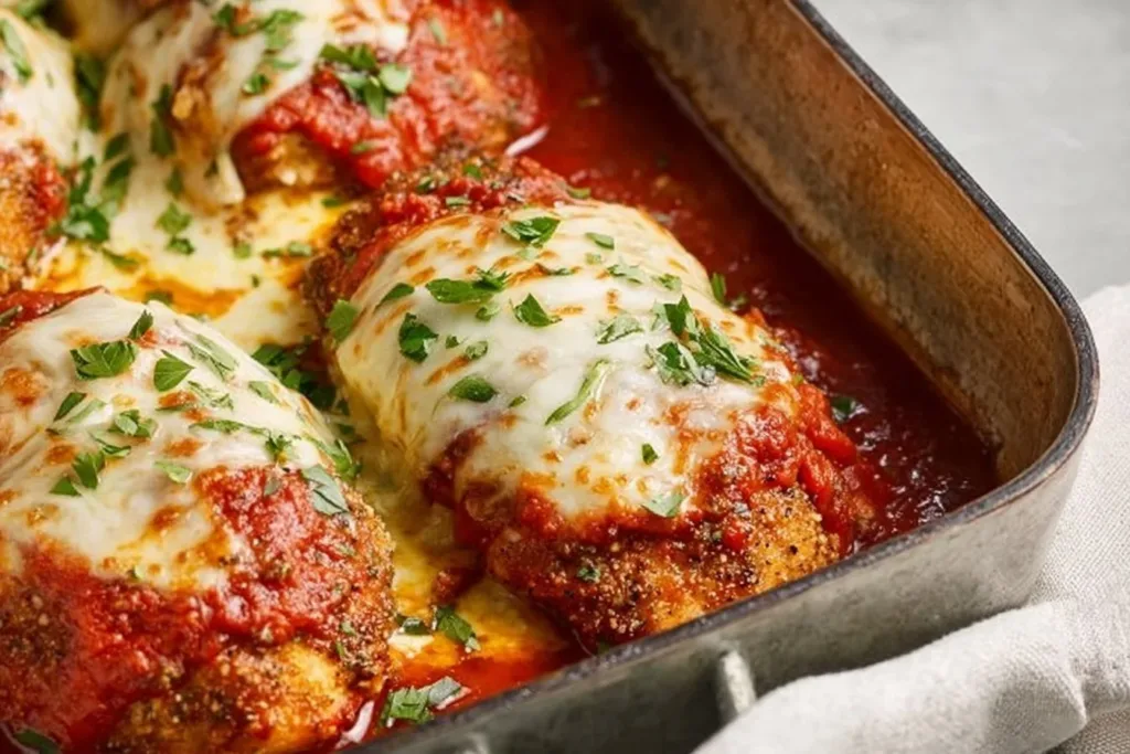 Oven baked chicken parmesan with crispy breading and marinara sauce